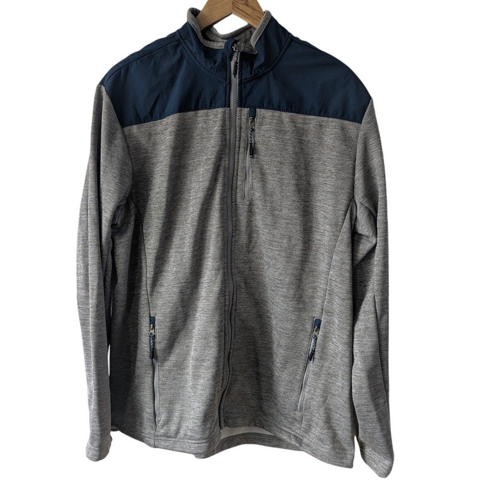 Orvis Mens Full Zip Jacket Grey Navy‎ Blue Colorblock Textured Knit Mock Neck XL